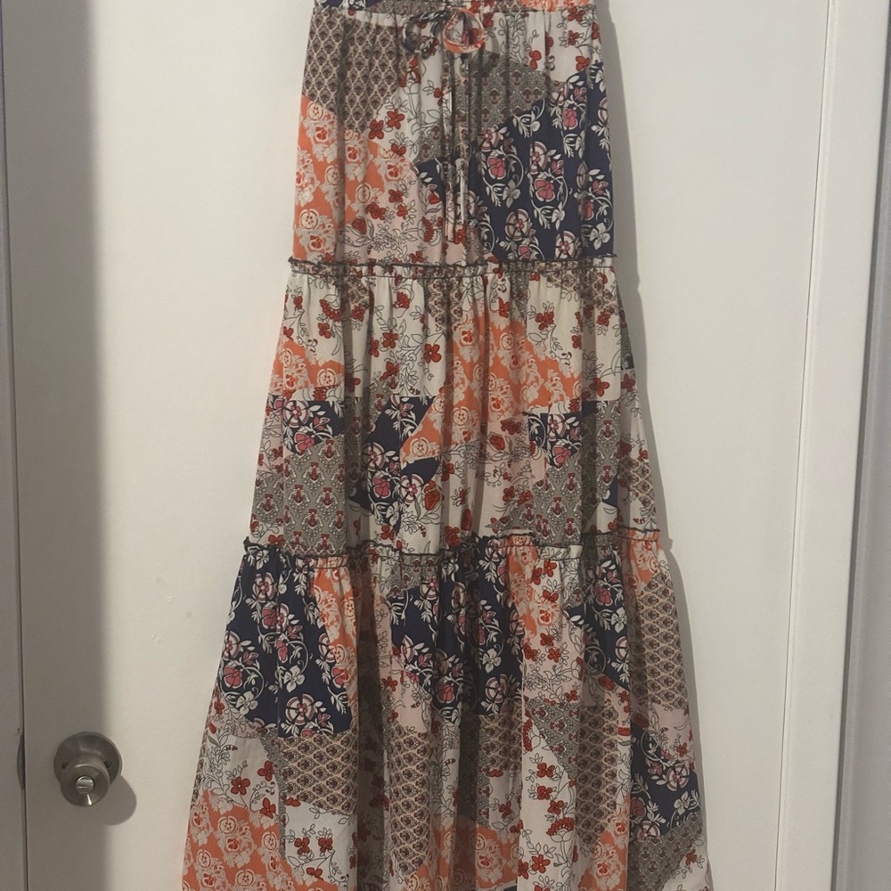 Bohemian Patchwork Maxi Skirt in Pink and Blue